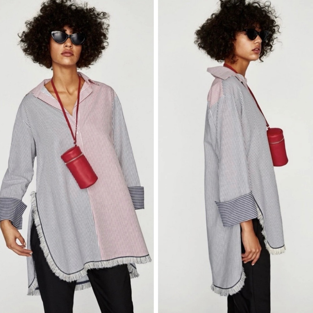 Zara Navy Blue White Red Striped Long Sleeve Tunic Top 1/4 Button Beachy Boho S